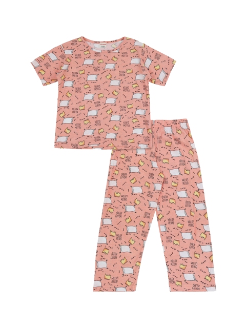 Raine And Jaine Girls Pink & White Printed Night Suit