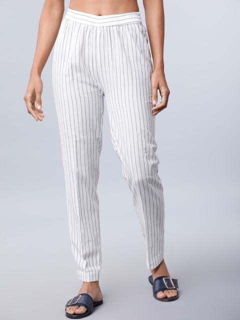 Vishudh Women Off-White Striped Regular Trousers