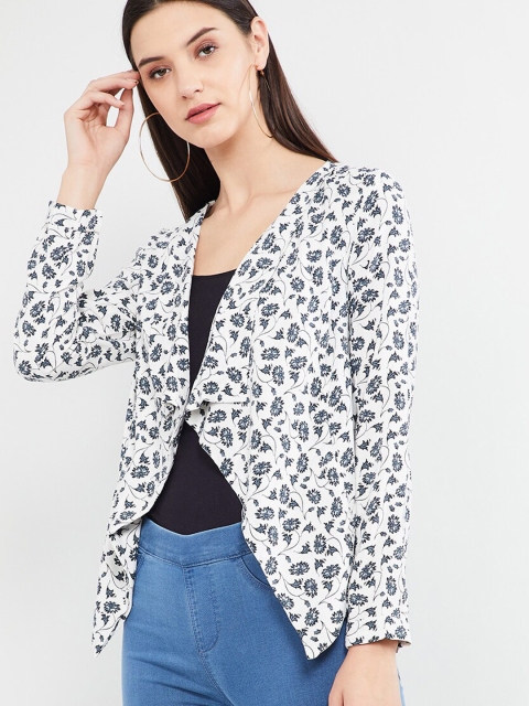 max Women White & Blue Printed Open Front Shrug