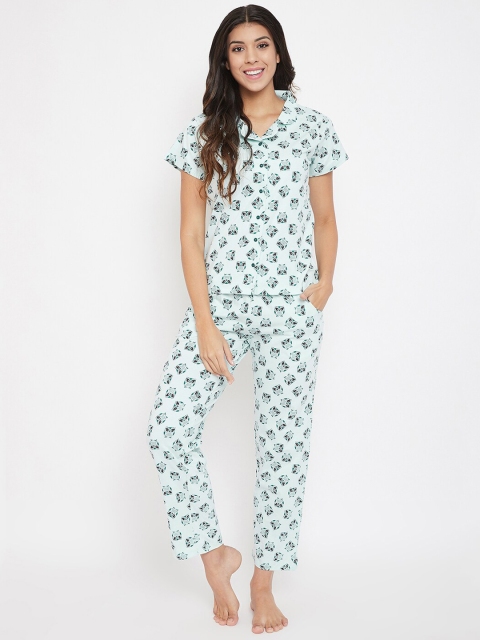 Clovia Women Blue & Black Graphic Printed Night Suit
