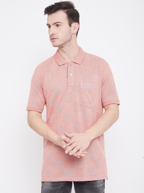 Duke Men Peach-Coloured Checked Polo Collar T-shirt