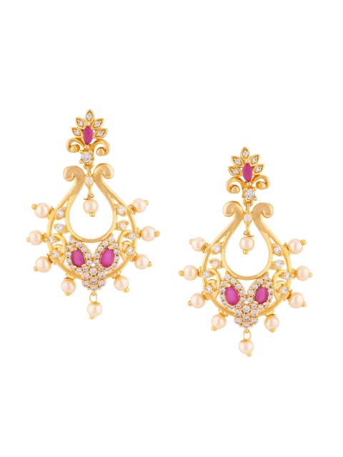 Voylla Gold-Plated & Pink Teardrop Shaped Chandbalis