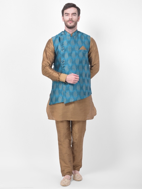 SG LEMAN Men Brown & Blue Solid Kurta with Pyjamas & Nehru Jacket