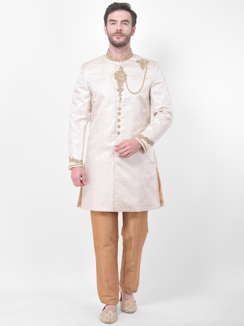 SG RAJASAHAB Men Cream- Coloured & Brown Embellished Sherwani Set