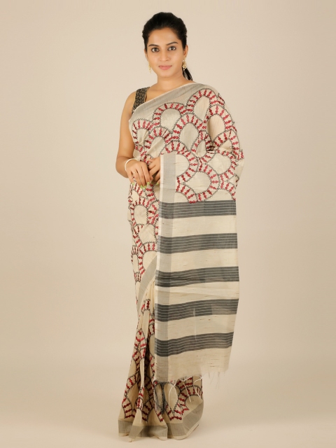 Pothys Cream-Coloured Woven Design Jute Silk Saree