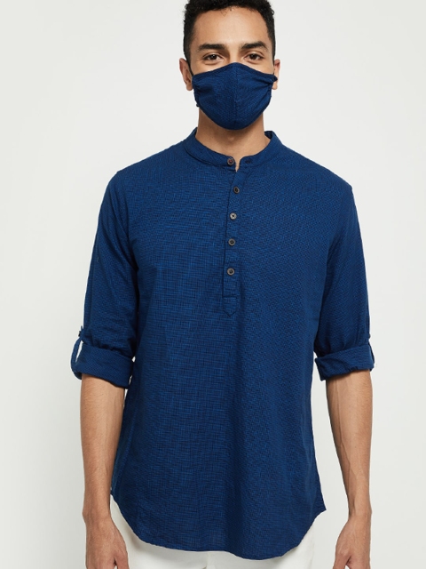 max Men Blue Solid Straight Cotton Kurta
