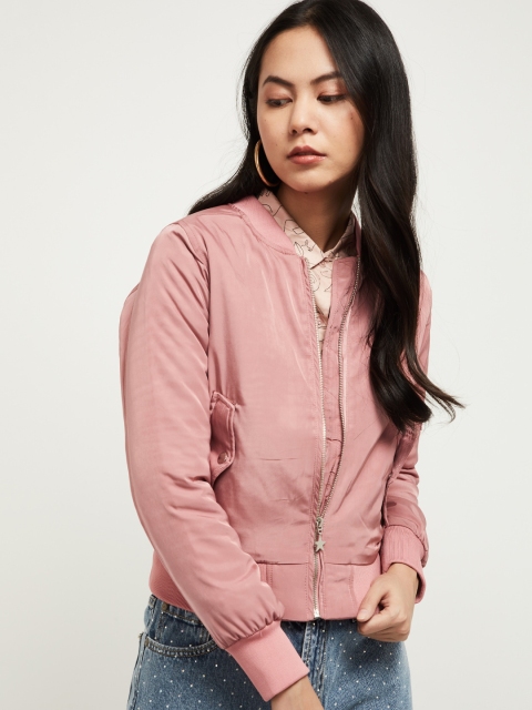 max Women Pink Solid Bomber Jacket