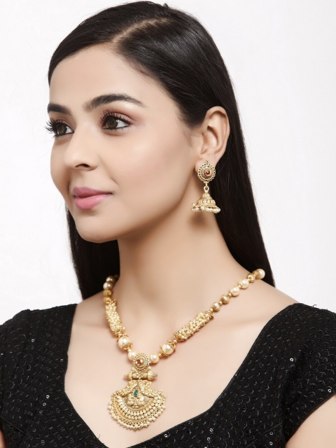 Shining Diva Gold-Plated Off-White Peal Antique Jewellery Set