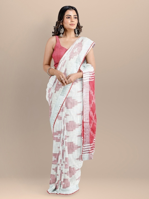 BharatSthali White & Pink Pure Cotton Woven Design Ikat Saree