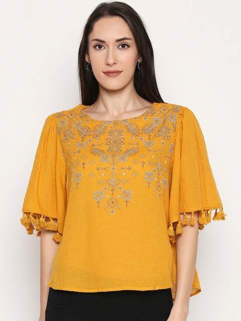 People Mustard Geometric Printed Flared Sleeves Top