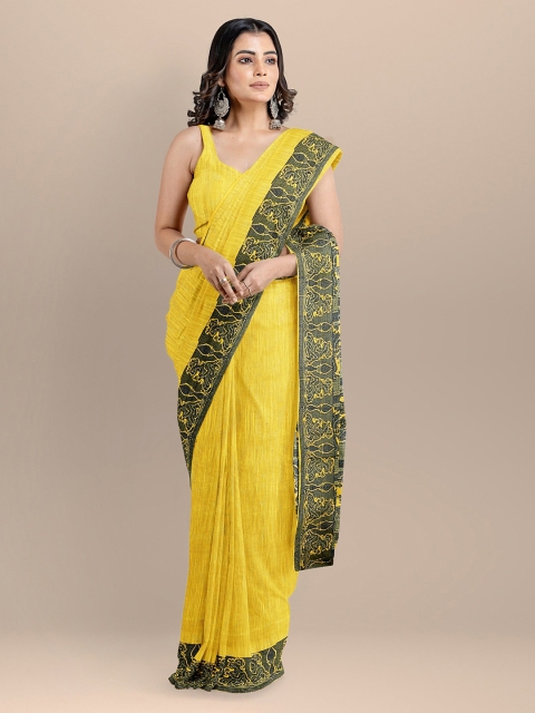 BharatSthali Yellow Color Pure Cotton Woven Design Kalamkari Handloom Saree