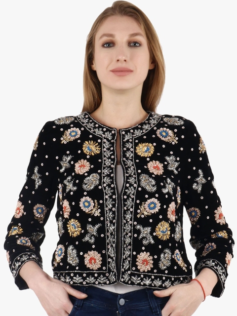 Diwaah Women Black & Golden Embellished Velvet Tailored Jacket