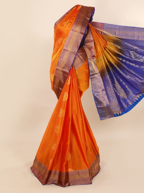 Pothys Orange & Blue Pure Silk Solid Kanjeevaram Saree