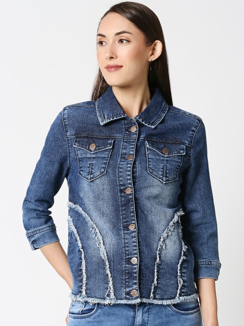 High Star Women Blue Solid Stretchable Denim Jacket