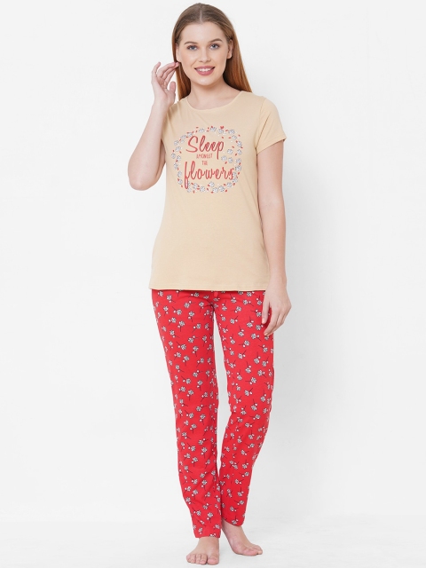 Sweet Dreams Women Beige & Pink Printed Night Suit