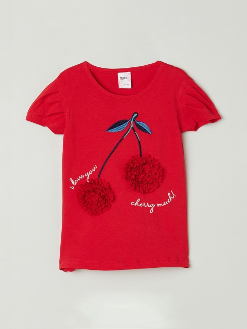 max Girls Red Printed Round Neck T-shirt