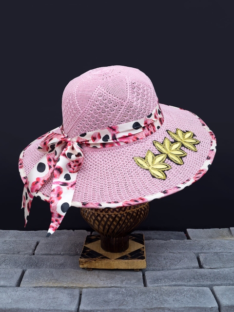 Golden Peacock Women Pink & Yellow Woven-Design Straw Sun Hat
