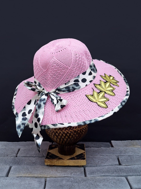 Golden Peacock Women Pink & White Woven Design Straw Sun Hat