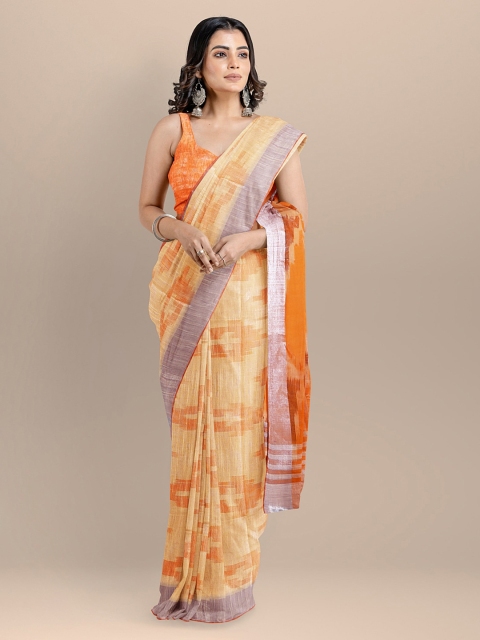 BharatSthali Yellow Pure Cotton Woven Design Ikat Saree