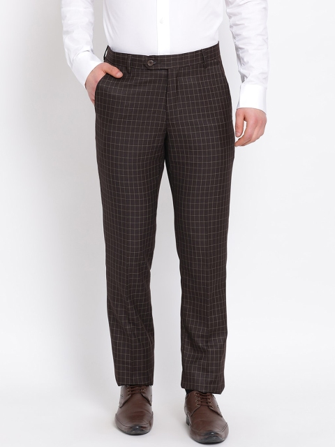 COBB Men Coffee Brown Regular Fit Checked Formal Trousers
