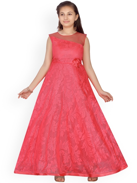 Aarika Girls Coral Self Design Maxi Dress