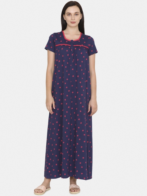 Zivame Navy Blue & Red Printed Nightdress