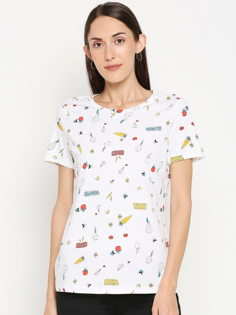 Honey by Pantaloons Women White Red Printed Round Neck Cotton Pure Cotton T-shirt
