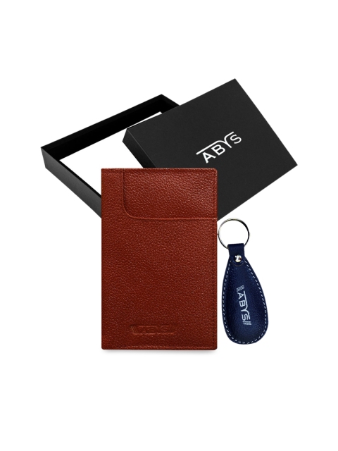ABYS Unisex Brown & Navy Blue Solid Genuine Leather Accessories Gift Set