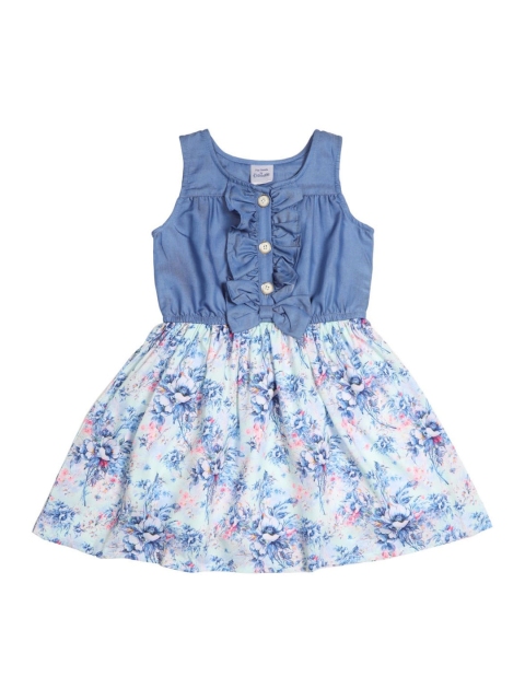 Doodle Girls Blue & Pink Floral Printed Organic Cotton Fit and Flare Dress