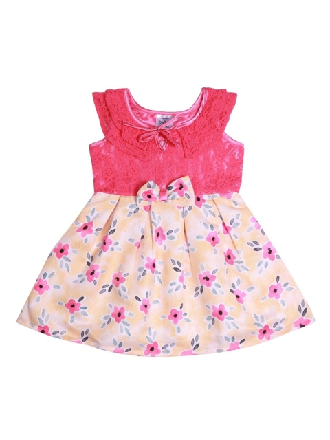 Doodle Girls Yellow & Pink Floral Printed Fit and Flare Dress