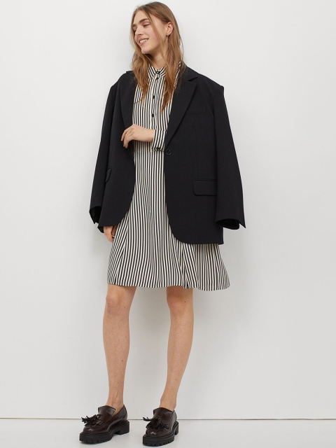 H&M Black Women Black and White Striped Shirt Dress
