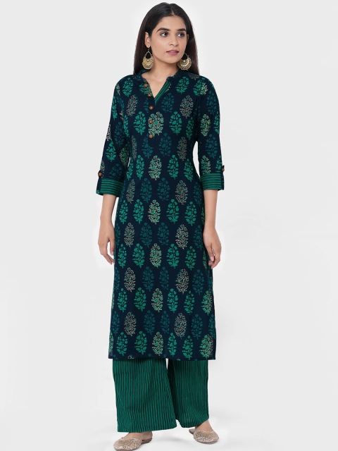FASHOR Women Green & Navy Blue Printed Kurta with Palazzos