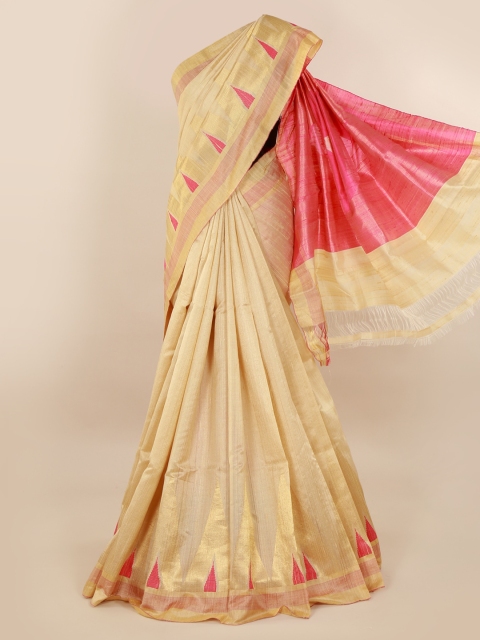 Pothys Cream-Coloured & Pink Jute Silk Woven Design Saree