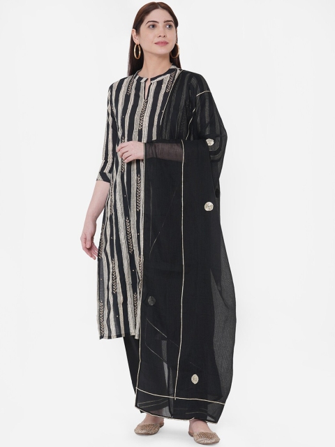 FASHOR Women Black & Beige Striped Kurta with Palazzos & Dupatta