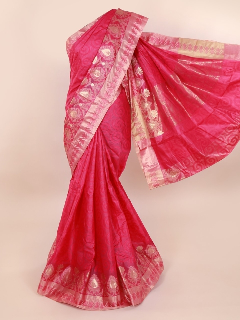 Pothys Magenta & Gold-Toned Pure Silk Printed Tussar Saree