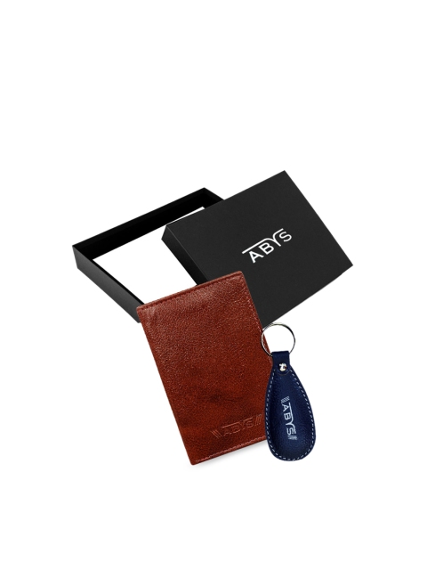 ABYS Unisex Brown & Navy Blue Solid Genuine Leather Accessories Gift Set