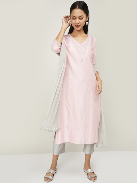 Melange by Lifestyle Women Pink & Grey Yoke Design Kurta with Trousers & Dupatta