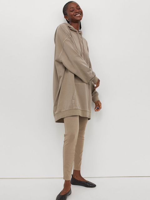 H&M Women Beige Solid Hooded Sweatshirt Sustainable Dress