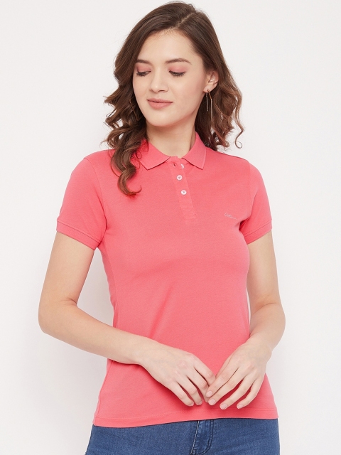 Octave Women Pink Solid Polo Collar T-shirt
