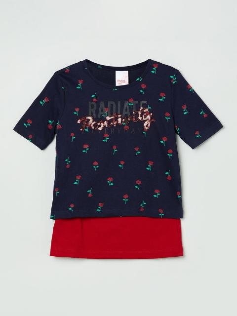 max Girls Navy Blue & Red Floral Printed Layered Pure Cotton Top