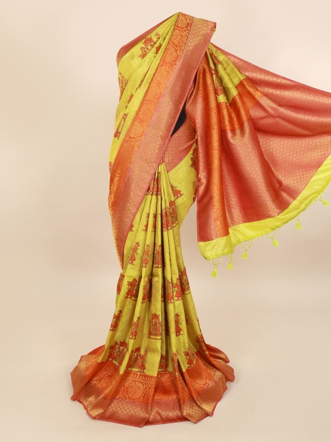 Pothys Yellow & Red Pure Silk Printed Banarasi Saree