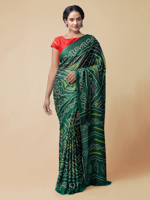 Unnati Silks Green Silk Blend Printed Bandhani Saree