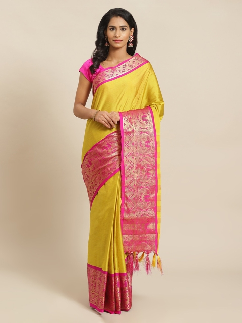 Mitera Yellow & Pink Silk Blend Solid Banarasi Saree
