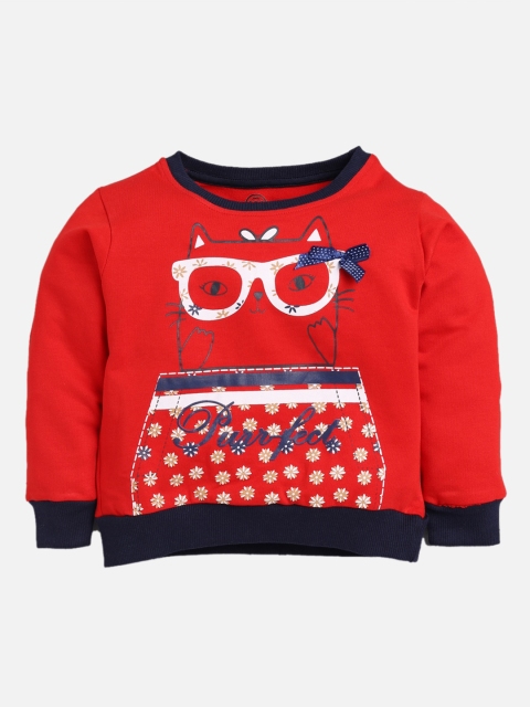 TAMBOURINE Girls Red & White Printed Cotton Sweatshirt