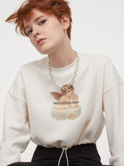 H&M Women Cream-Coloured Printed Short Sweatshirt