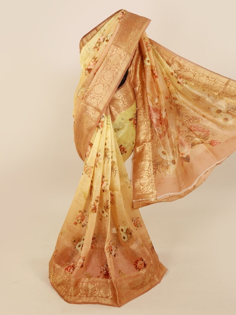 Pothys Yellow & Beige Pure Silk Phulkari Printed Saree