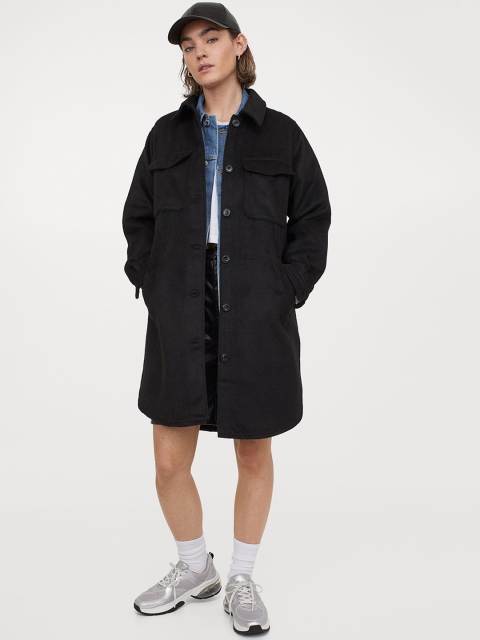 H&M Women Black Solid Long Shirt Jacket