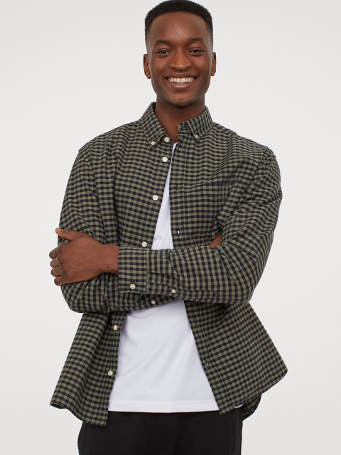 H&M Men Green & Black Gingham-Checked Oxford Shirt