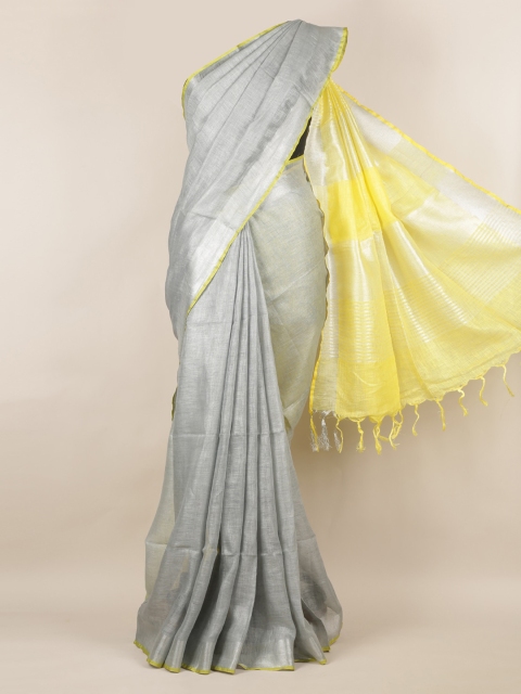Pothys Grey Solid Linen Blend Saree