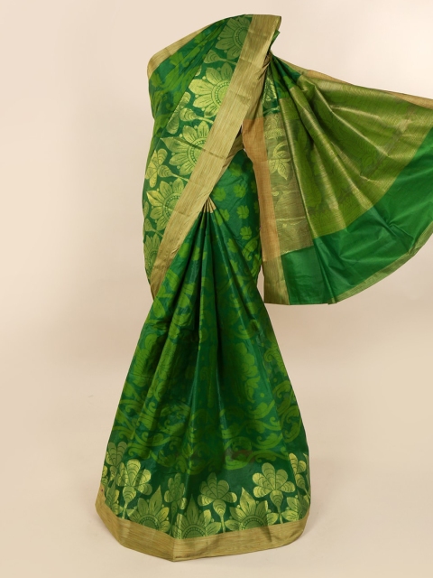 Pothys Green & Gold-Toned Pure Silk Woven Design Tussar Saree